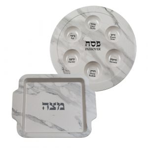 סט קערת פסח ומצה מלמין דמוי שיש לבן