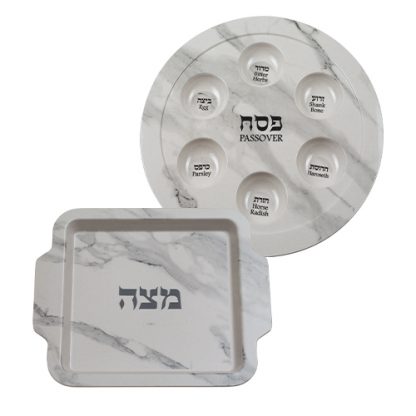 סט קערת פסח ומצה מלמין דמוי שיש לבן