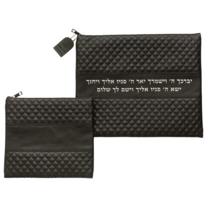 סט טלית תפילין דמוי עור שחור אותיות בולטות